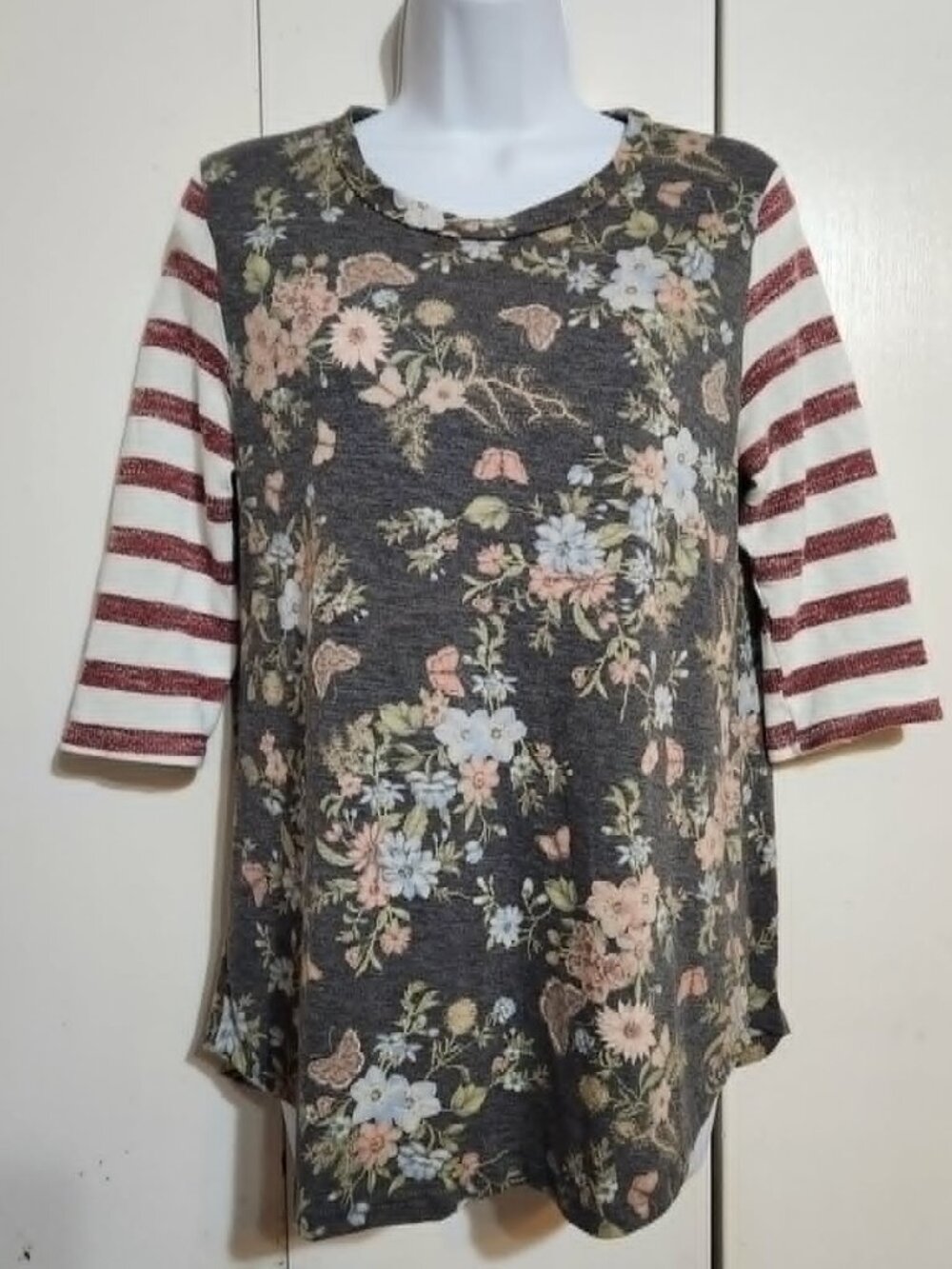 12PM by Mon Ami Floral Stripe Top Large Mixed Media 3/4 Sleeve Knit Tunic USA